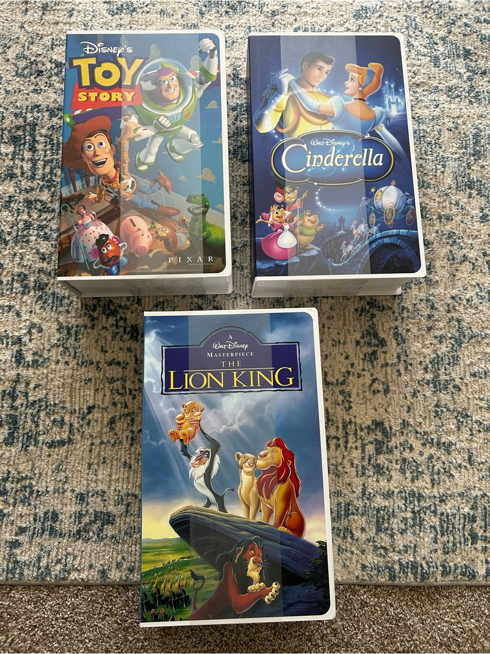 Disney VHS plush throw blankets. Set of 3 Toy Story, Lion King and Cinderella